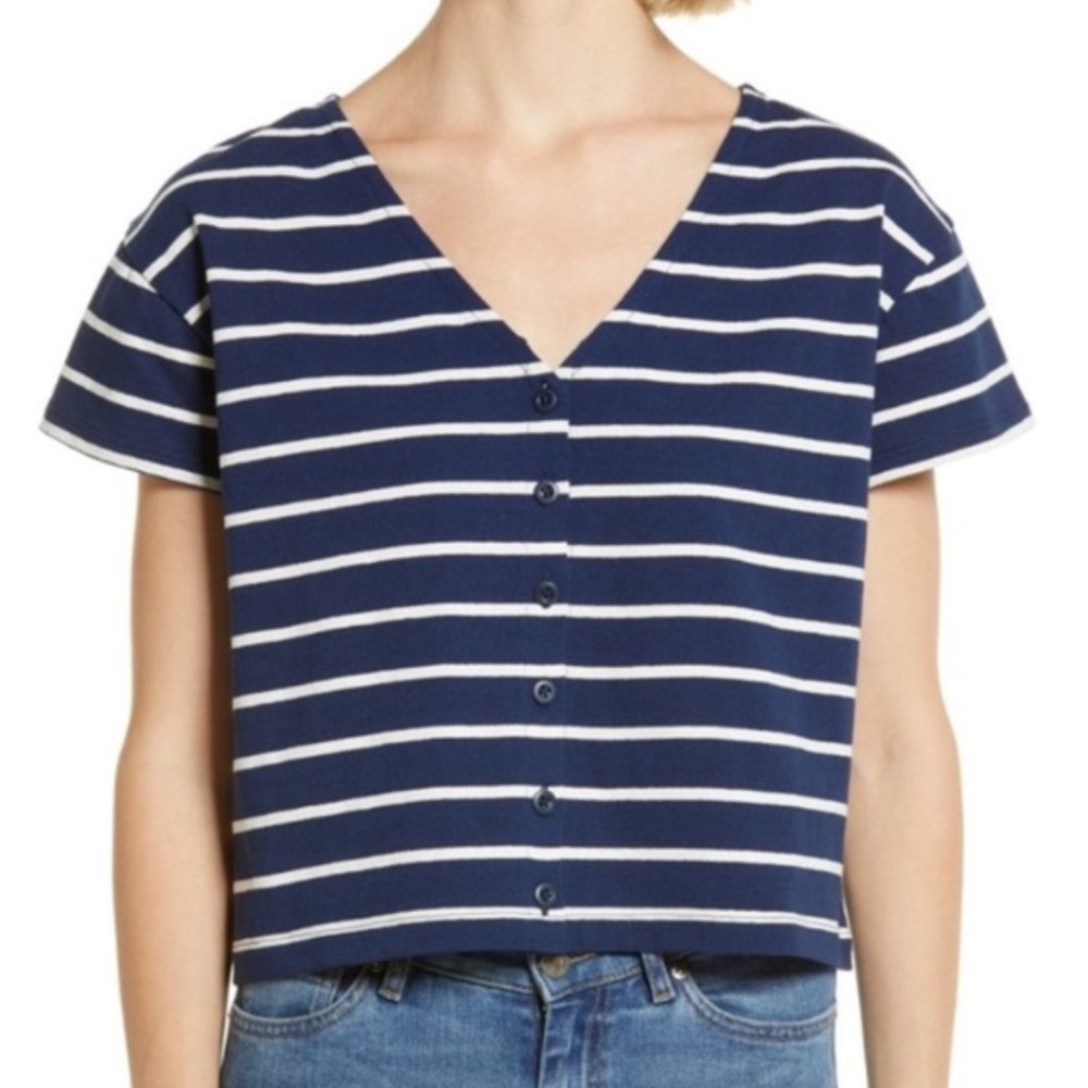 Madewell Striped Sailor V-Neck Button Boxy Crop Tee Blouse Top Cotton Stretch